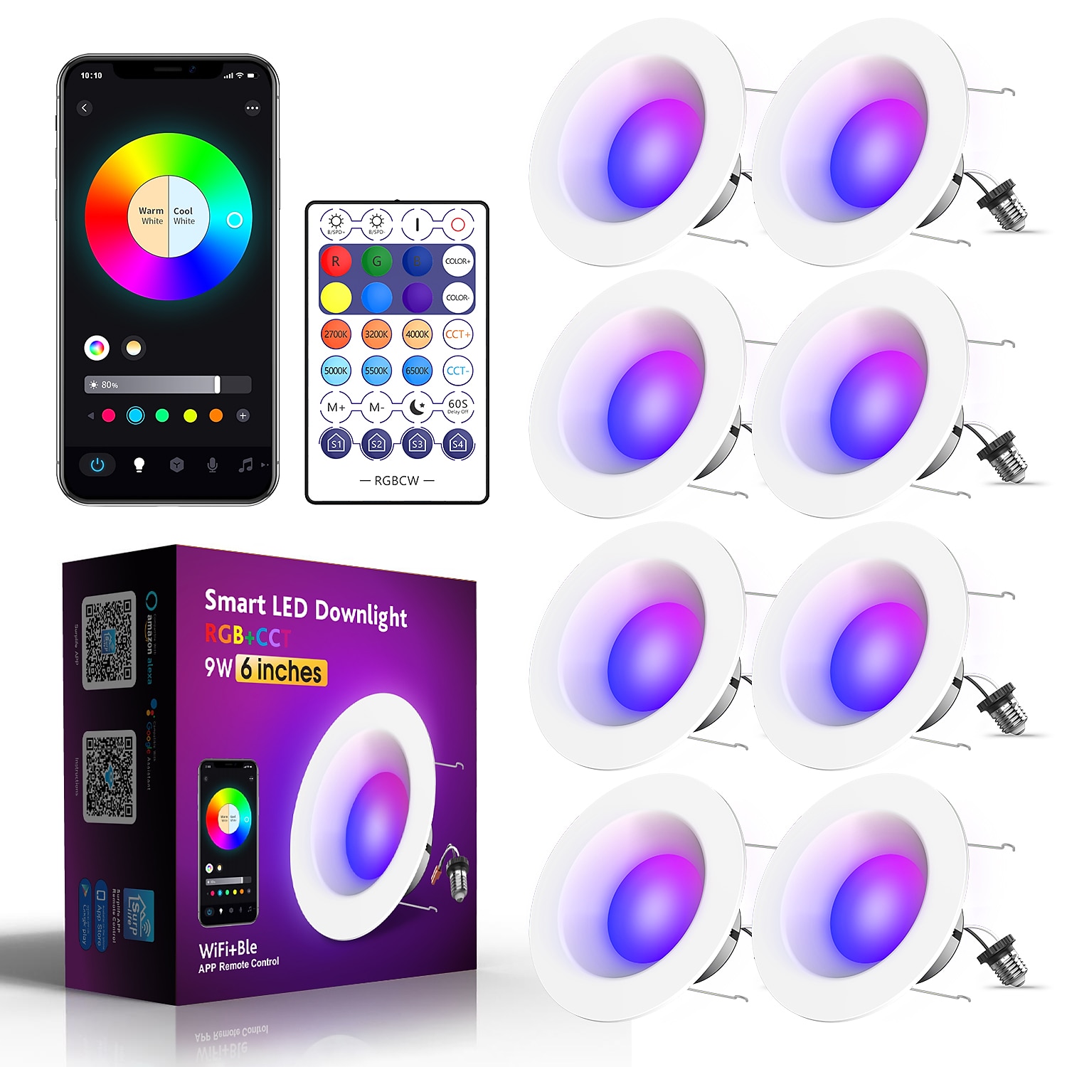 תאורת led שקועה חכמה rgbcw תאורה Wi-Fi משתנה בצבע פח אורות עם עיטור בפלפל פנס שיפוץ downlight תואם עם alexa&amp; שליטה באפליקציה של Google Assistant 2025 - $28.99 –P10