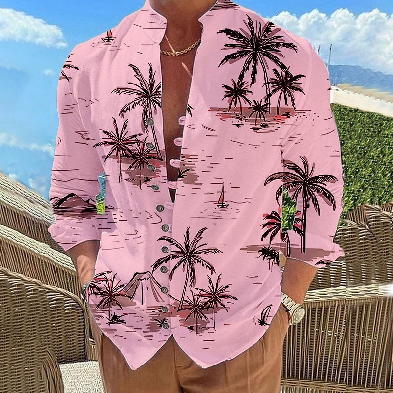 Voor heren Kokosnootboom Tropische planten Overhemd Hawaiiaans overhemd Aloha-shirt Lange mouw Overhemd Opstaand Modieus Ontwerper Casual Buiten Vakantie Straat Wit Blozend Roze blauw S M L 2025 - $26.99 –P3
