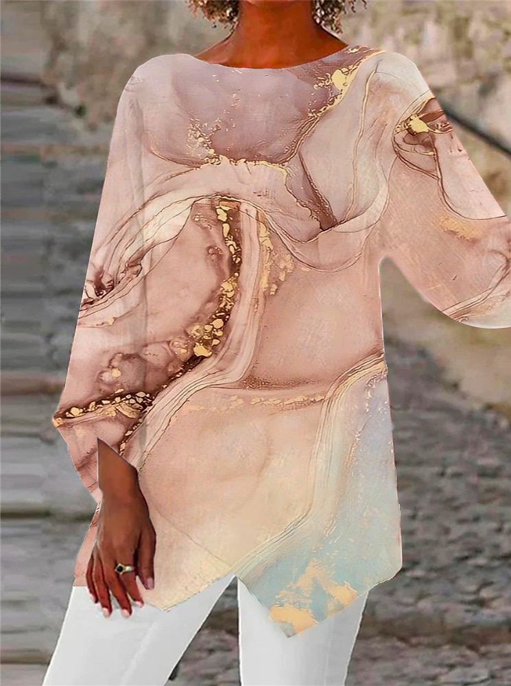 Kvinnors blus chiffong daglig grundläggande neongrön  ljus abstrakt tryck långärmad lång toppar rund hals avslappnad ljusgrön rosa blå grön beige höst  vinter 2025 - $24.99 –P5