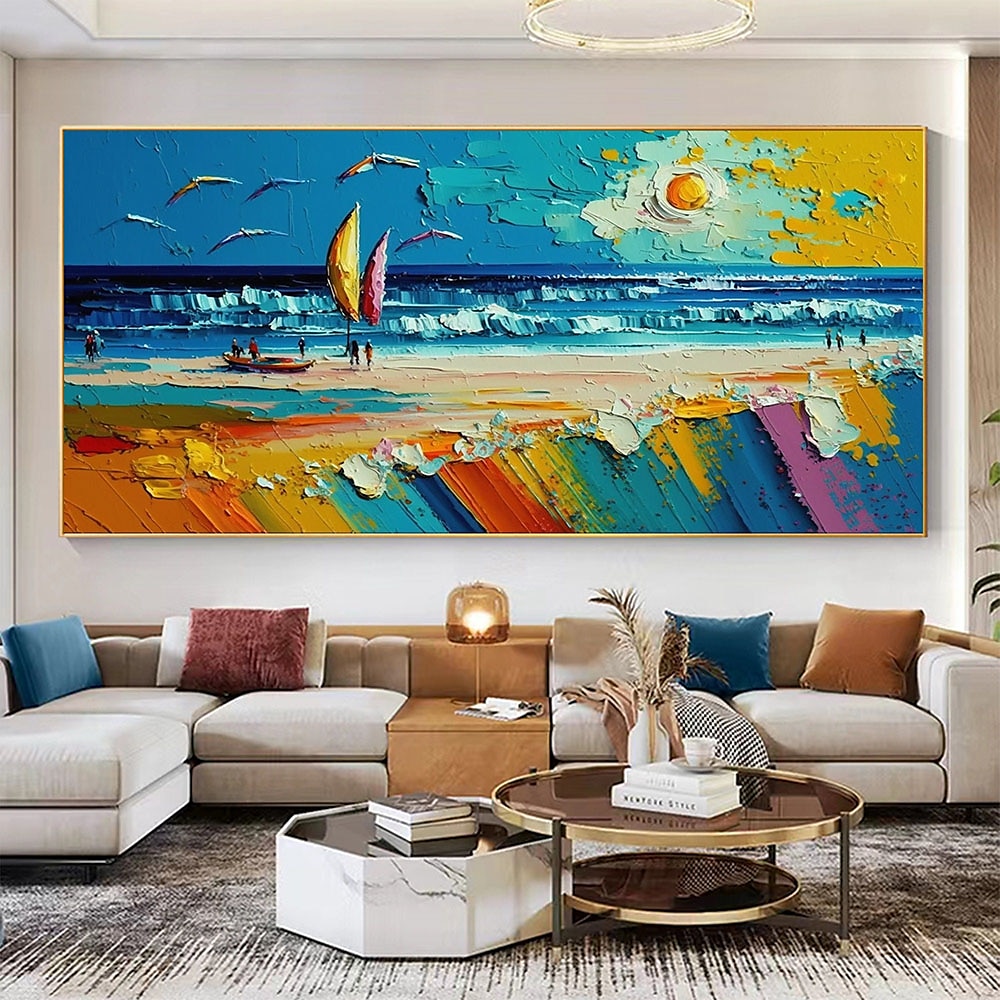 Handgefertigtes, handgemaltes Ölgemälde, Original-Sonnenschein-Ozean-Ölgemälde auf Leinwand, extra großes Wandkunst, abstraktes weißes Wellengemälde, Boho-Wanddekoration, gerollte Leinwand, kein 2025 - $69.99 –P7