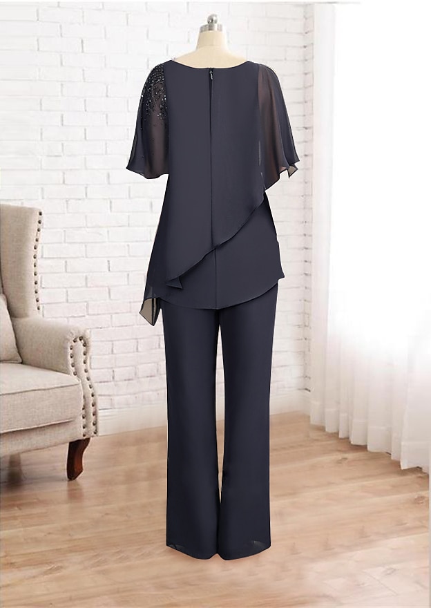 Two Piece Jumpsuit / Pantsuit Mother of the Bride  Formal Wedding Guest Church Elegant Plus Size Bateau Neck Floor Length Chiffon Sleeveless with Beading Cascading Ruffles Crystal Brooch 2025 - $157.99 –P2