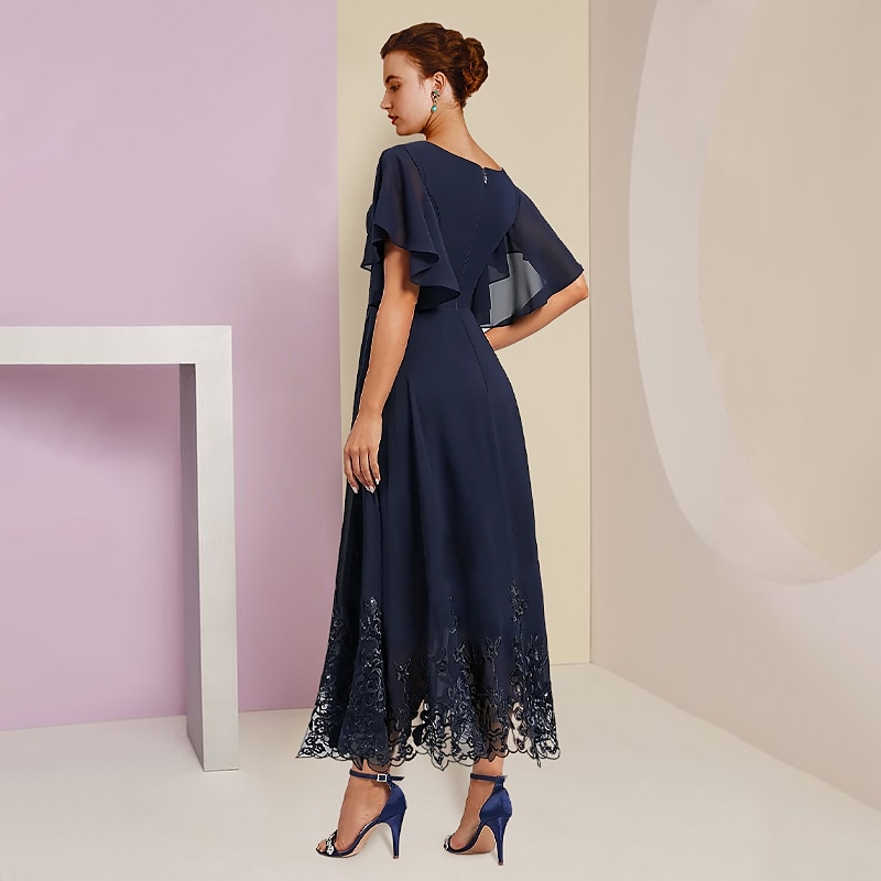 A-Linien Kleid für die Mutter der Braut Formal Hochzeitsgast Eleganter V-Ausschnitt Tee-Länge Chiffon Spitze Kurzarm mit Applikationen Kristallbrosche 2025 kostenlose Maßanfertigung 2025 - $139.99 –P2