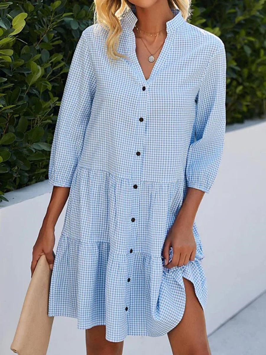 Women's Shirt Dress Casual Dress Cotton Linen Dress Mini Dress Cotton Cotton Blend Fashion Modern Outdoor Daily Date Split Neck Button Print 3/4 Length Sleeve Summer Spring Fall 2023 Loose Fit Blue 2023 - US $23.99 –P1