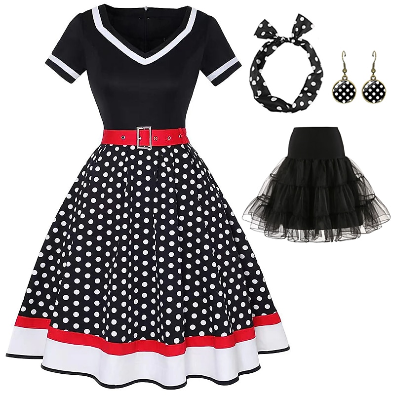 Retro Vintage 1950er Jahre Grease Outfits Rockabilly Petticoat Hoops Rock A-Linien Kleid Tutu Polka Dot Schickes Kleid Damen Party  Abend Maskerade Erwachsenen Kleid Ohrringe Kopfschmuck Frühling  2026 - $51.99 –P3