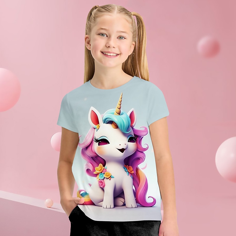 Jente 3D Grafisk Tegneserie enhjørning T skjorte T-skjorte Kortermet 3D-utskrift Sommer Vår Aktiv Mote søt stil Polyester Barn 3-12 år utendørs Avslappet Daglig Normal 2025 - $10.99 –P8