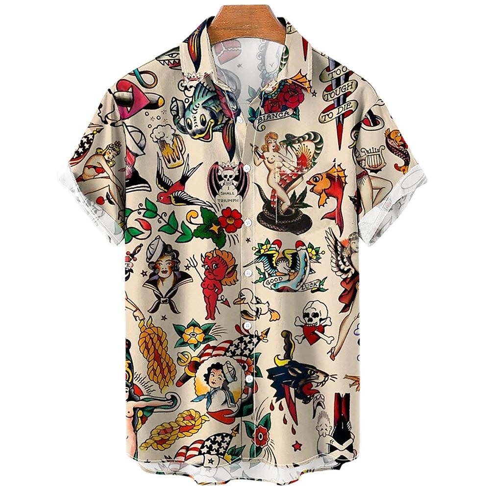 Herr Blommig Sjöjungfru Pirat Skjorta Hawaii skjorta Aloha skjorta Kort ärm Skjorta Nedvikt Vintage Tropisk Mode Gata Ledigt Hawaiisk Aprikos Svart Gul S M L 2026 - $25.99 –P2