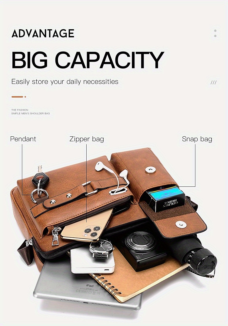 Men's Brown Faux Leather Messenger Bag with Multiple Pockets and Adjustable Strap - Stylish and Functional Crossbody Bag for Travel and Daily Use 2025 - $24.99 –P6