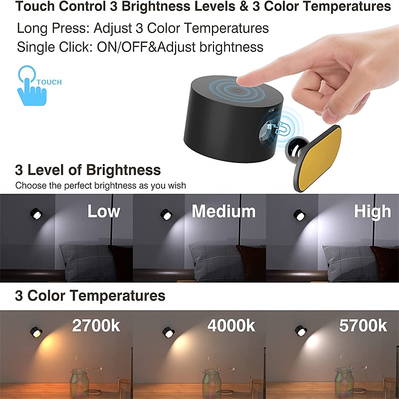 LED Wall Mounted Reading Lights Wall Sconces with 3 Color Temperatures & 3 Brightness Levels Rechargeable Battery Magnetic Ball 360Rotation Touch Control Lamps for Kids Study Bedside Closet 2025 - $44.99 –P4
