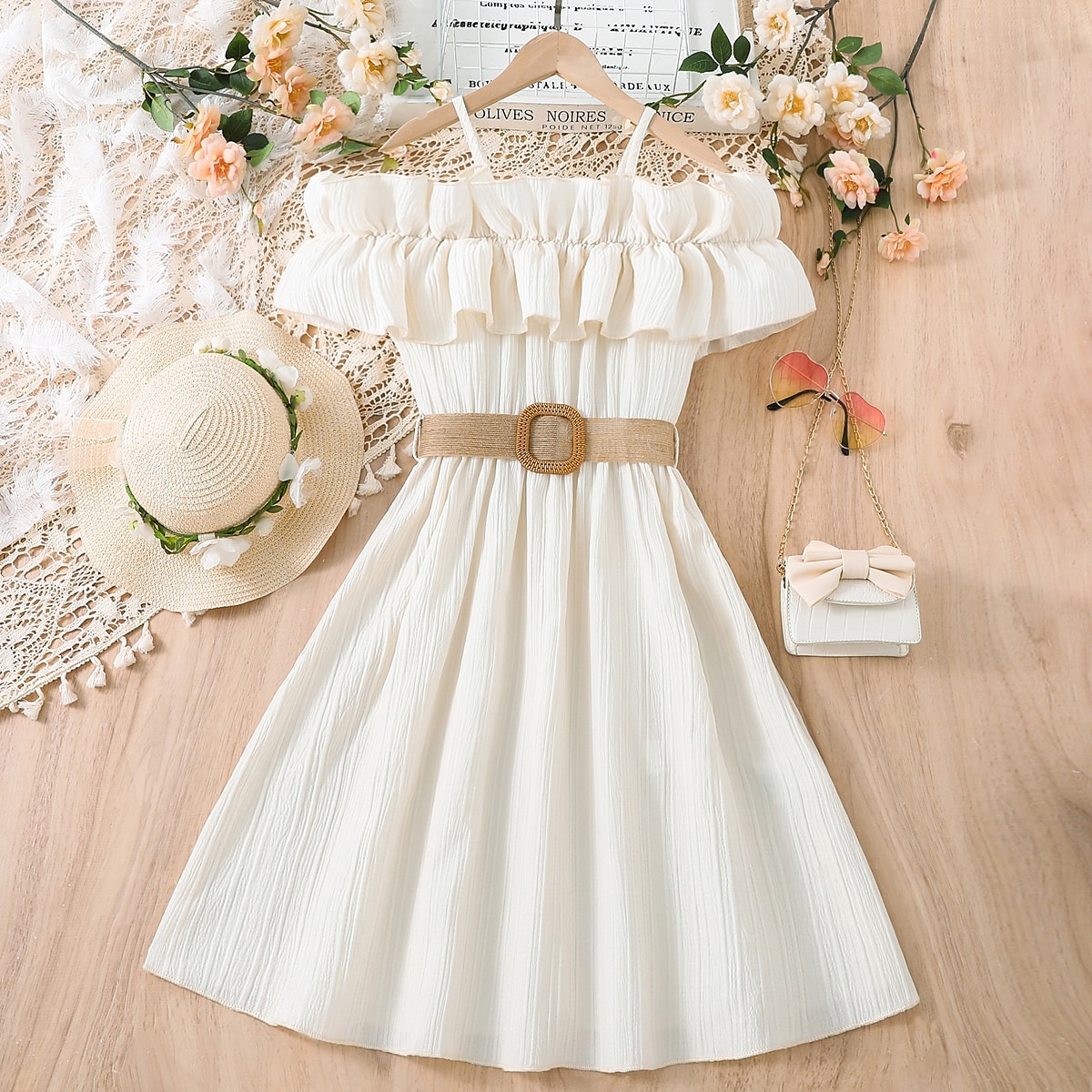 Summer Girls Casual Fashion White Dresses Cotton Ruffle Sleeveless