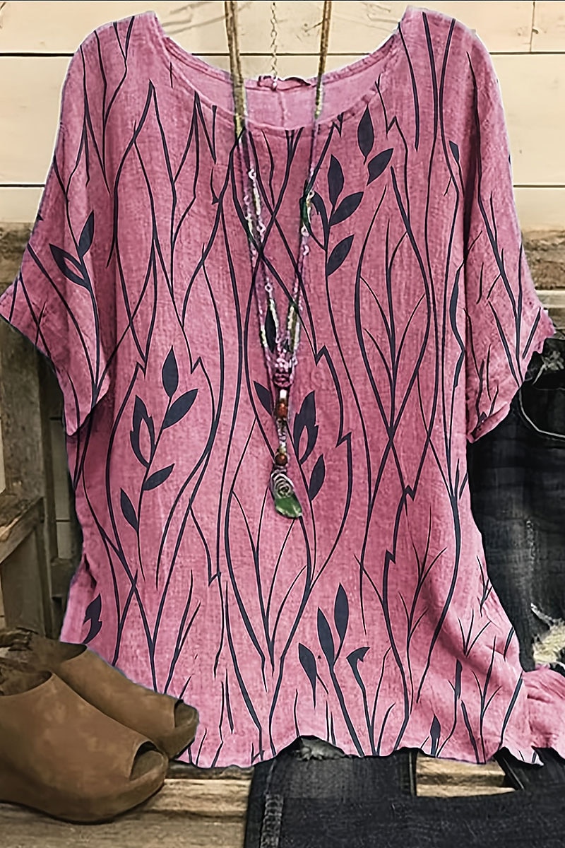 dames shirt boho shirt blouse mode print korte mouw normaal tops ronde hals casual vakantie geel roze blauw groen zomer 2025 - $26.99 –P4