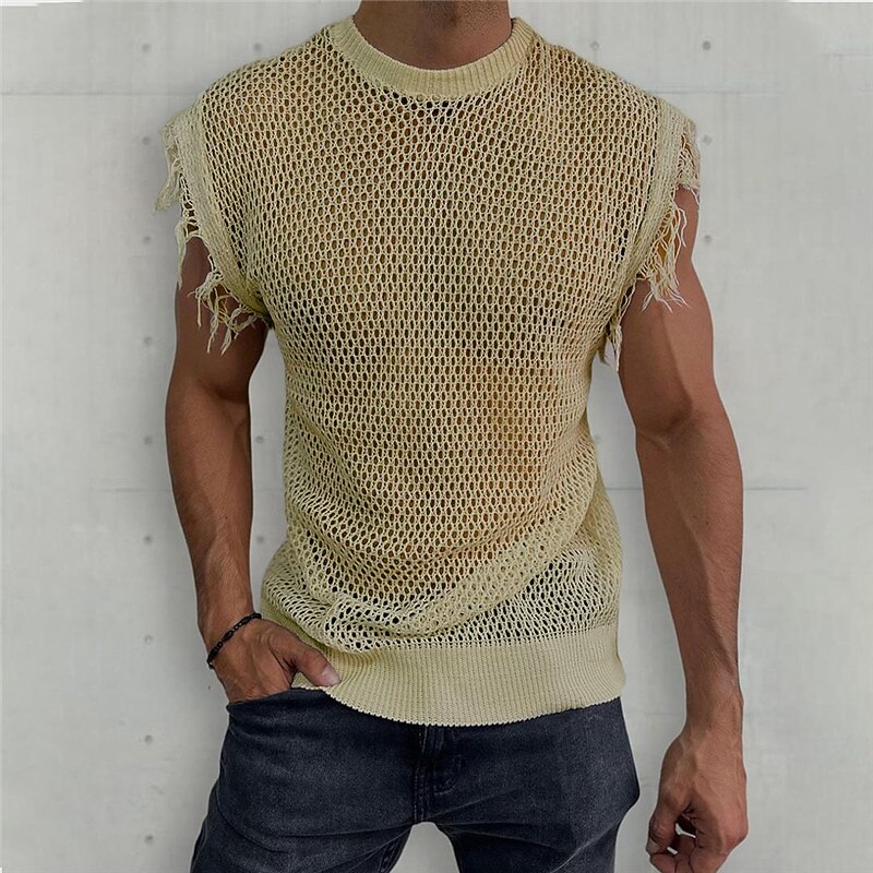 Herren Tank Top Weste Unterhemd Ärmelloses Shirt Ärmellos Rundhalsausschnitt Sommer Einfach Mode Designer Muskel Netz Gestrickt Outdoor Ausgehen Fitnessstudio Weiß Khaki Armeegrün Top T-Shirt für 2025 - $28.99 –P3