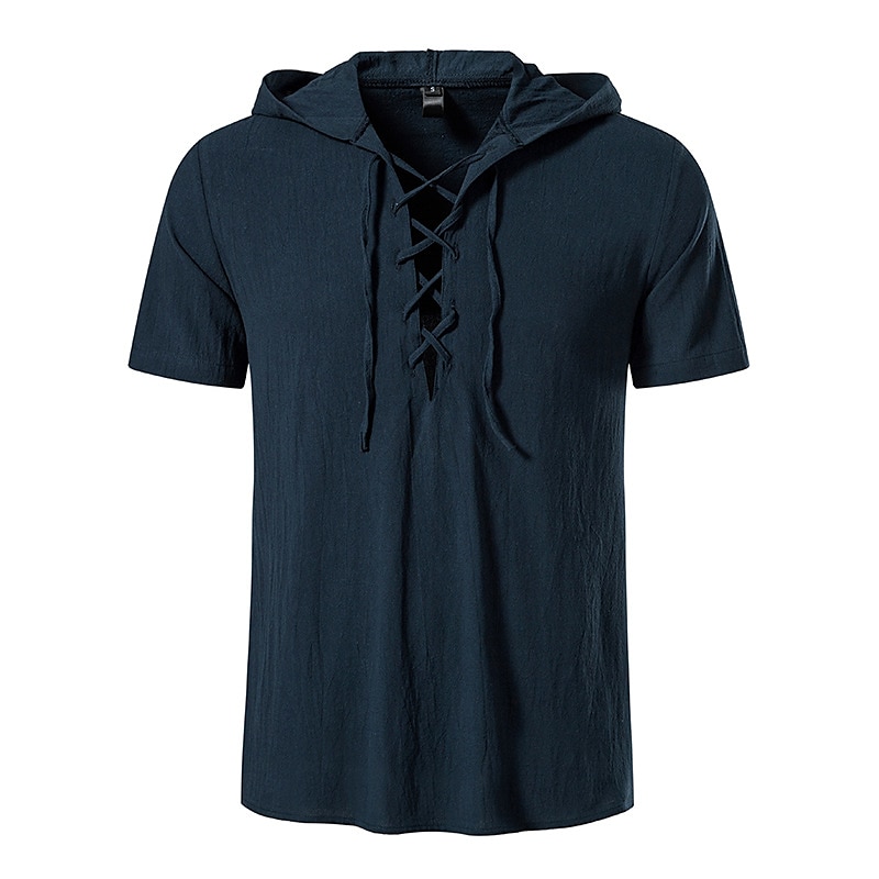 t-shirt vichinga medievale in cotone a maniche corte con cappuccio camicie da uomo in stile retrò con lacci hippie abbinati al costume larp del 2025 a $37.99 –P10