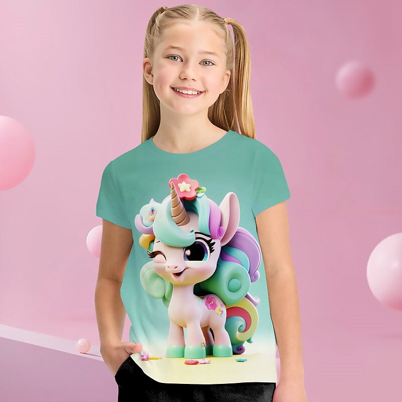 Jente 3D Grafisk Tegneserie enhjørning T skjorte T-skjorte Kortermet 3D-utskrift Sommer Vår Aktiv Mote søt stil Polyester Barn 3-12 år utendørs Avslappet Daglig Normal 2025 - $10.99 –P3