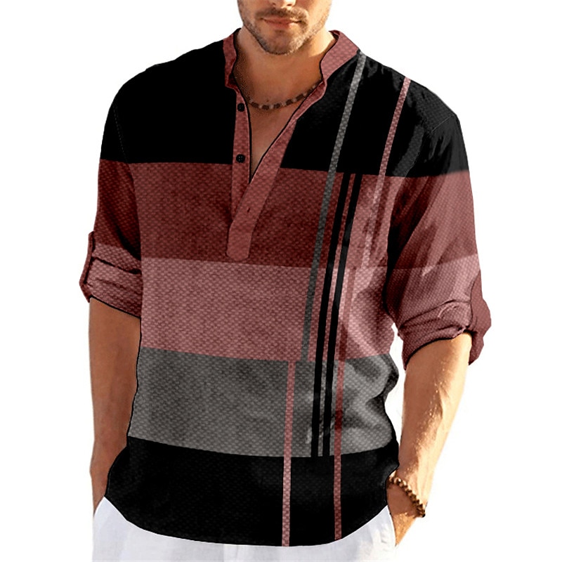 Men's Striped Geometric Pattern Geometry Shirt Button Up Shirt Long Sleeve Fashion Streetwear Designer Casual Going out Summer Spring Fall Stand Collar Print Blue-Green Yellow Black / Purple Red 2025 - $24.99 –P4