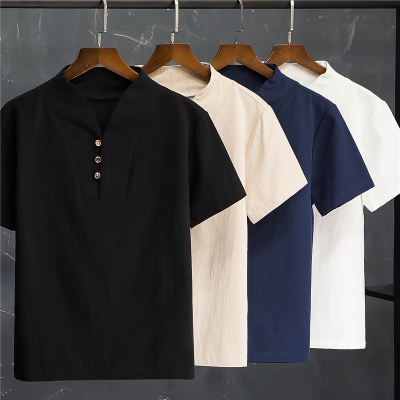 Men's Shirt Cotton Linen Shirt 2 Piece Shirt Set Summer Shirt Beach Shirt Black White Navy Blue Short Sleeve Plain V Neck Summer Casual Daily Clothing Apparel 2024 - $29.99 –P6