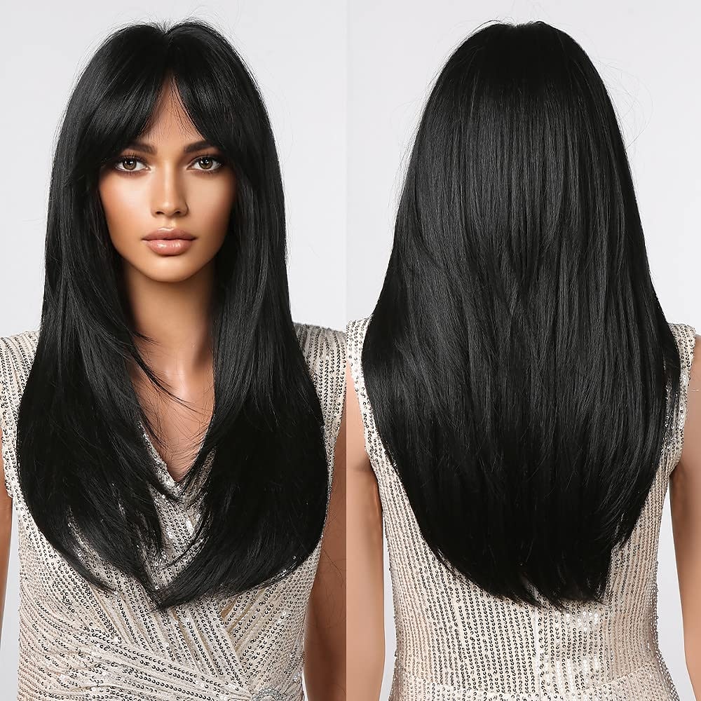 parrucche ombre castane bionde per donne nere parrucche dritte a strati lunghi con frangia d'aria parrucche sintetiche capelli naturali per uso quotidiano parrucche barbiecore del 2025 a $21.99 –P1