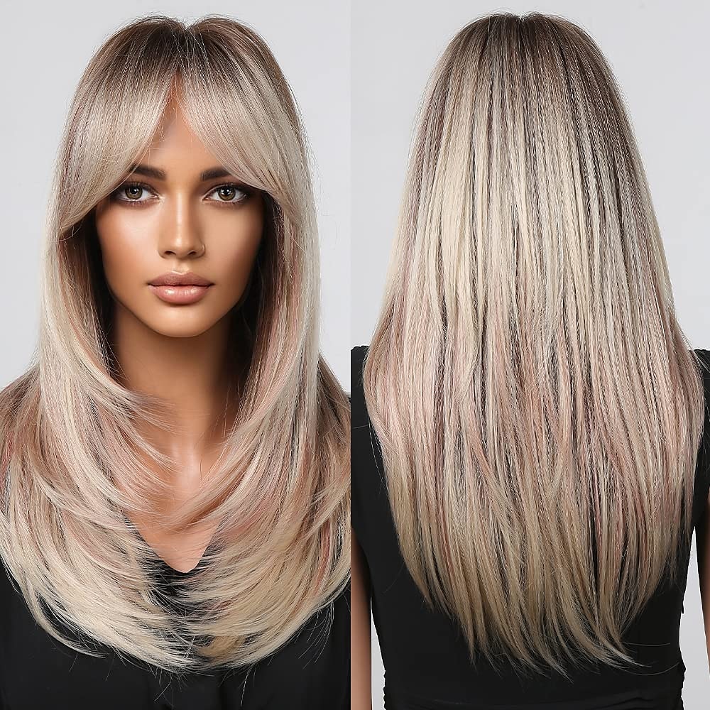 parrucche ombre castane bionde per donne nere parrucche dritte a strati lunghi con frangia d'aria parrucche sintetiche capelli naturali per uso quotidiano parrucche barbiecore del 2025 a $21.99 –P9