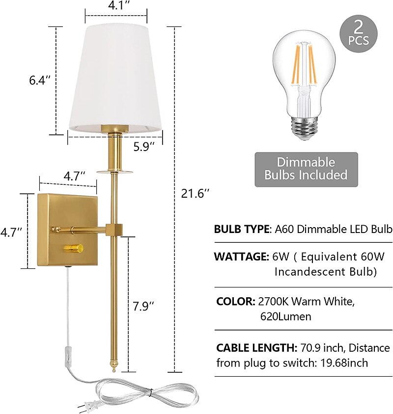 plug-in applique da parete applique dimmerabili 1 pz, lampada da parete con paralume in tessuto bianco con cavo plug-in da 6 piedi, applique da parete per interni lampada da parete, per corridoio del 2025 a $66.99 –P3
