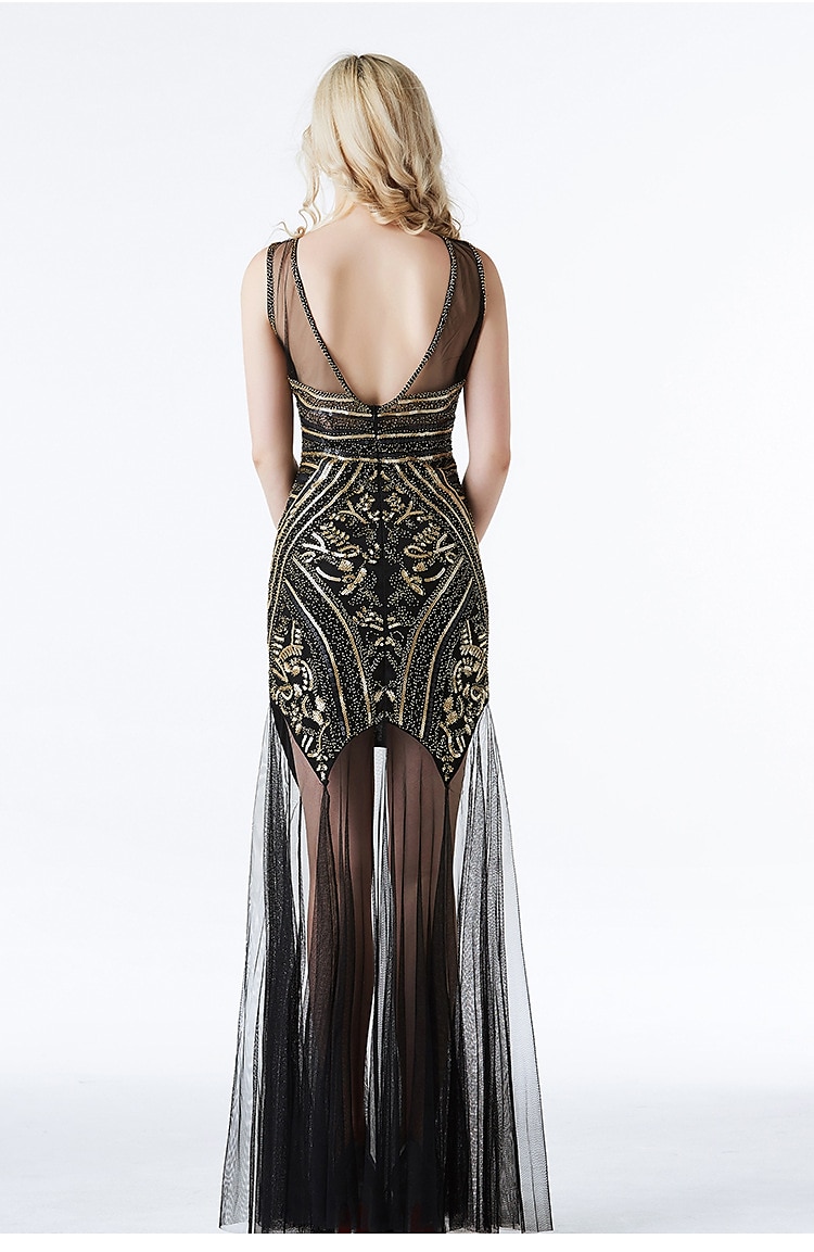 Retro vintage Roaring jaren '20 Jaren 1920 Lange Lengte Flapper jurk Cocktailjurk Jaren ‘20 flapper hoofdband Mouwloos Bruiloftsgast Pailletten Lovertje Ronde hals Dames Carnaval Valentijnsdag 2025 - $55.99 –P5