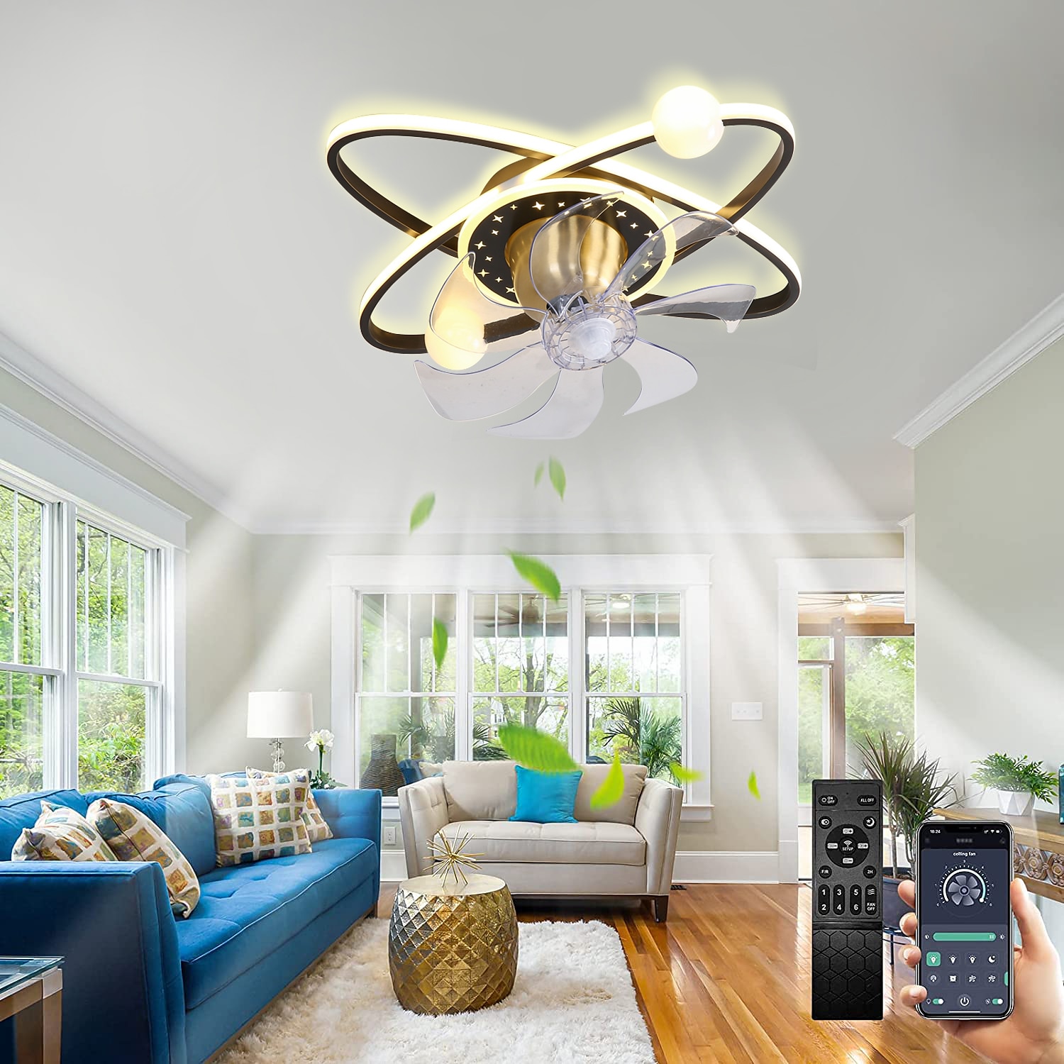 takvifte med lys dimbar sirkeldesign krystall 57cm 6 vindhastigheter moderne takvifte for soverom, stue app&amp; fjernkontroll 110-240v 2025 - $388.69 –P1