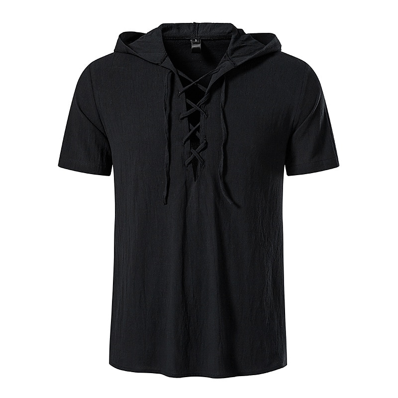 t-shirt vichinga medievale in cotone a maniche corte con cappuccio camicie da uomo in stile retrò con lacci hippie abbinati al costume larp del 2025 a $37.99 –P12