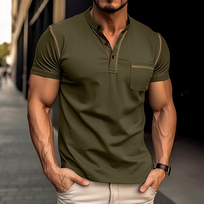 Homme Chemise Henley T-shirt Manches courtes Uni Mode Designer Basique Avec Poches Henley Vacances Rue Sortir Été Abricot bleu marine Grise T-shirt Henley de 2026 ? $21.99 –P2