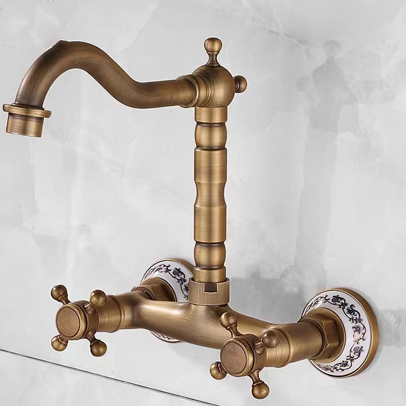 vintage badekarkran i messing veggmontert badekar med to håndtak, blandebatteri på bad, med kald og varm slange 2025 - $85.99 –P12