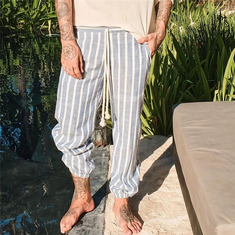 Men's Trousers Summer Pants Beach Pants Pocket Drawstring Elastic Waist Stripe Comfort Breathable Casual Daily Holiday Fashion Classic Style Navy Blue Blue 2025 - $21.99 –P2