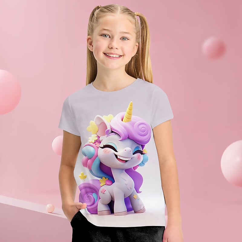 Jente 3D Grafisk Tegneserie enhjørning T skjorte T-skjorte Kortermet 3D-utskrift Sommer Vår Aktiv Mote søt stil Polyester Barn 3-12 år utendørs Avslappet Daglig Normal 2025 - $10.99 –P1