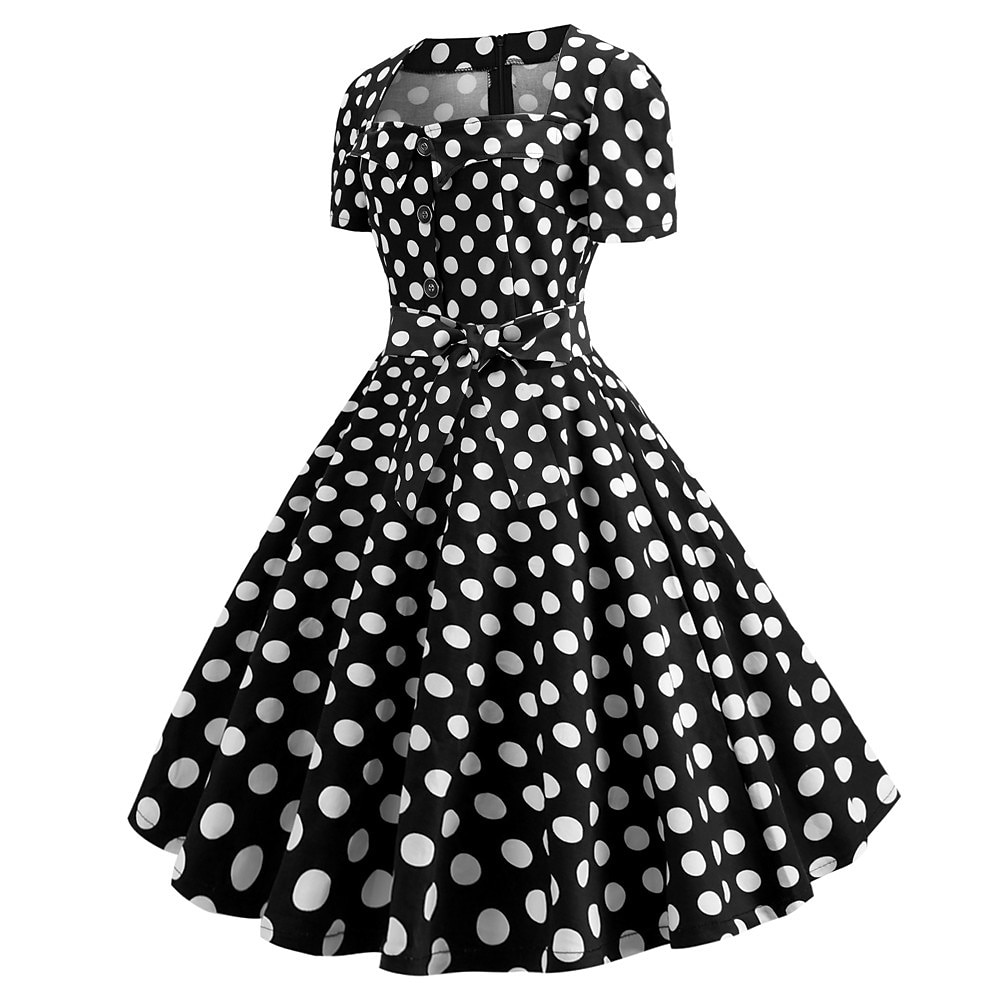 dam a-linje rockabilly klänning prickiga svängklänning flare klänning med accessoarer set 1950-60-tal retro vintage med pannband chiffong halsduk örhängen kattögon glasögon pärlhalsband handskar 7st 2025 - $46.99 –P5
