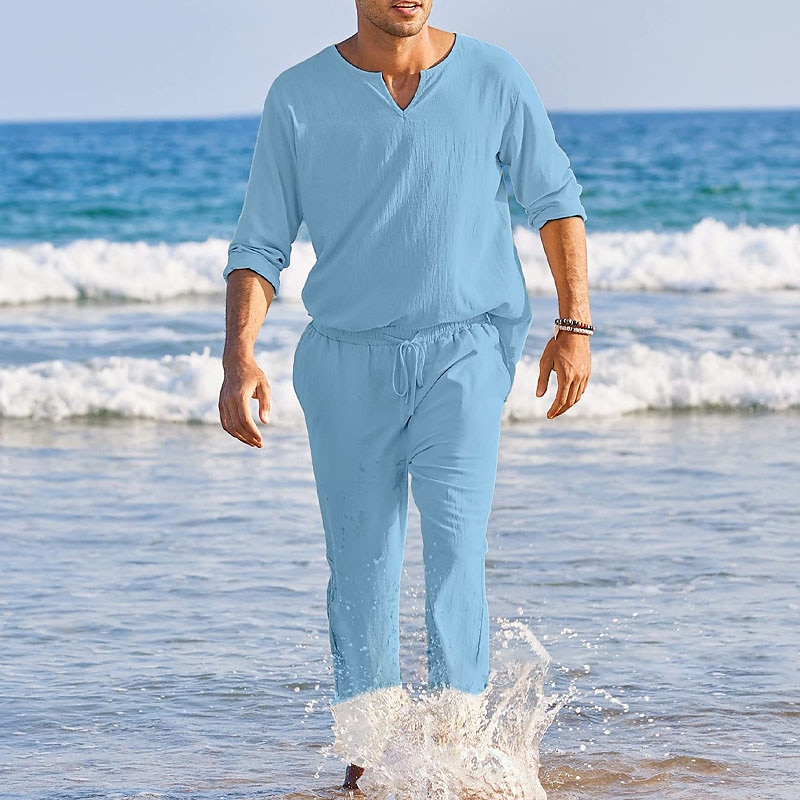 Hombre Camisa de lino de algodón Camisa de algodón blanca 2 Piezas Conjunto de camisa Abotonar la camisa Camisa de verano Negro Blanco Rosa Manga Larga Plano Escote en Pico Primavera verano Exterior 2025 - $43.99 –P6
