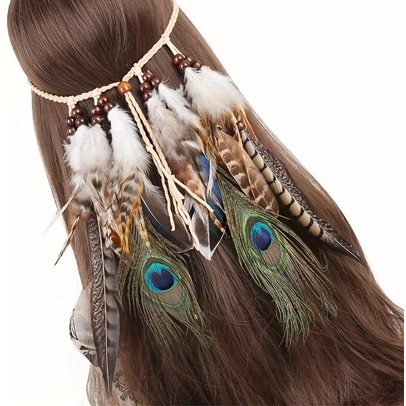 hermosa diadema bohemia de plumas de pavo real, perfecta para gitanos indios & ¡estilo hippy! 2025 - $14.99 –P1