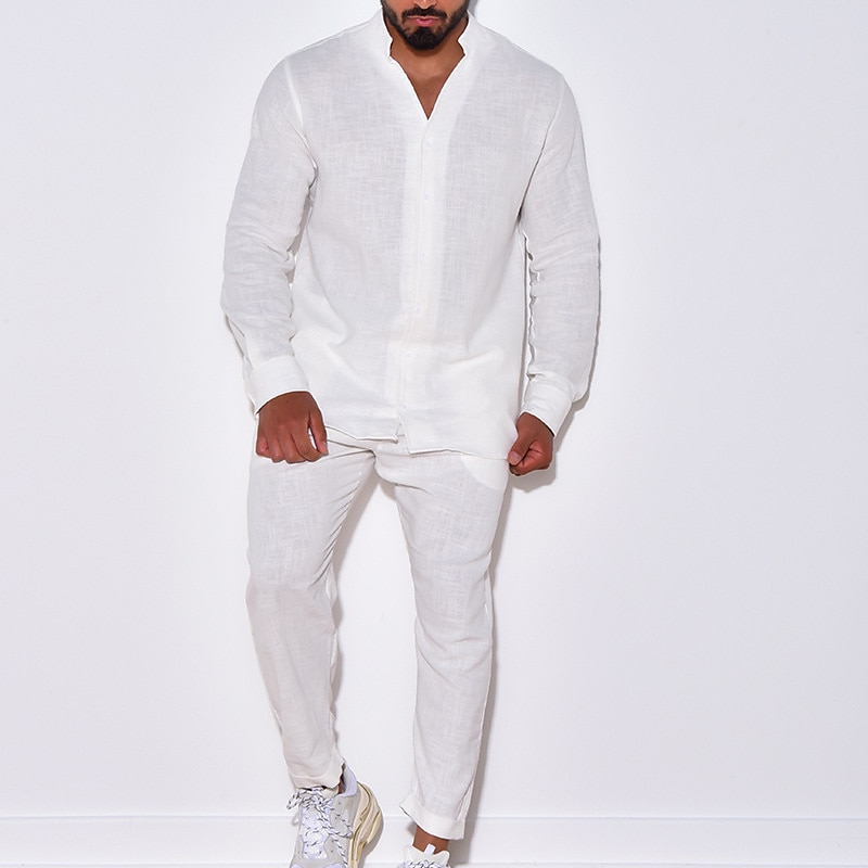 Per uomo 2 pezzi Completo di camicia Camicia estiva Camicia da spiaggia Nero Bianco Beige Manica lunga Liscio Colletto alla coreana Primavera estate Hawaiano Per eventi Abbigliamento Tasche del 2025 a $58.99 –P1