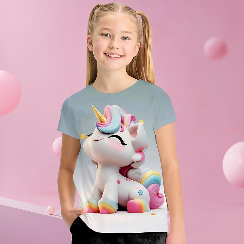 Jente 3D Grafisk Tegneserie enhjørning T skjorte T-skjorte Kortermet 3D-utskrift Sommer Vår Aktiv Mote søt stil Polyester Barn 3-12 år utendørs Avslappet Daglig Normal 2025 - $10.99 –P2