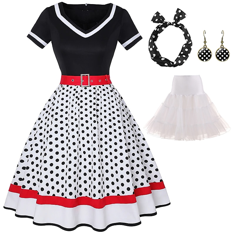 Retro Vintage 1950er Jahre Grease Outfits Rockabilly Petticoat Hoops Rock A-Linien Kleid Tutu Polka Dot Schickes Kleid Damen Party  Abend Maskerade Erwachsenen Kleid Ohrringe Kopfschmuck Frühling  2026 - $51.99 –P5