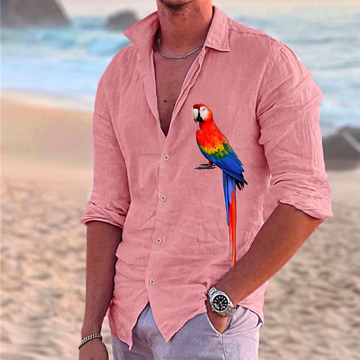 Pink and White Parrot Men's Hawaiian Shirt Summer Beach For Men