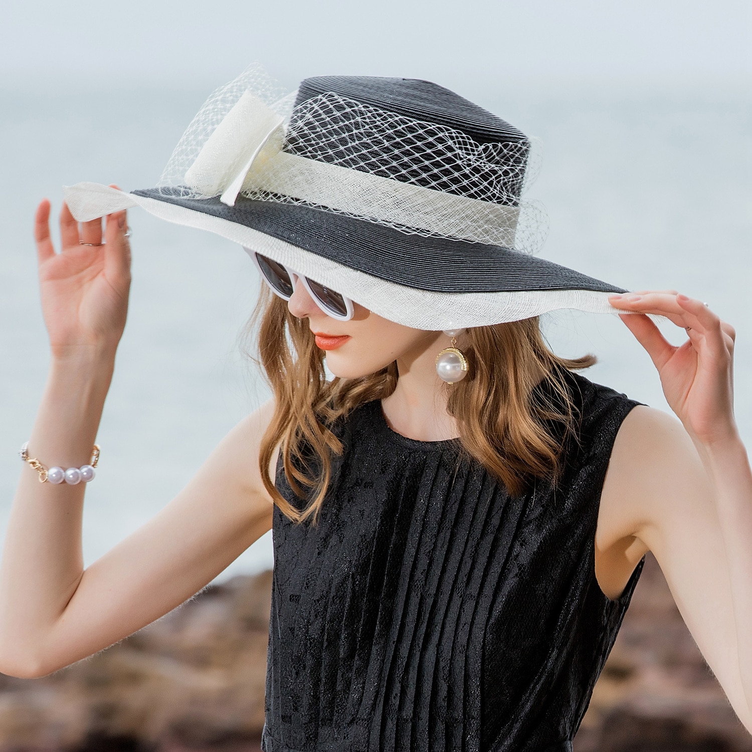 hüte netz faser strohhut sonnenhut sinamay hut hochzeit lässig elegant hochzeit mit bowknot spitze kopfbedeckung kopfbedeckung outdoor 2025 - $71.99 –P14