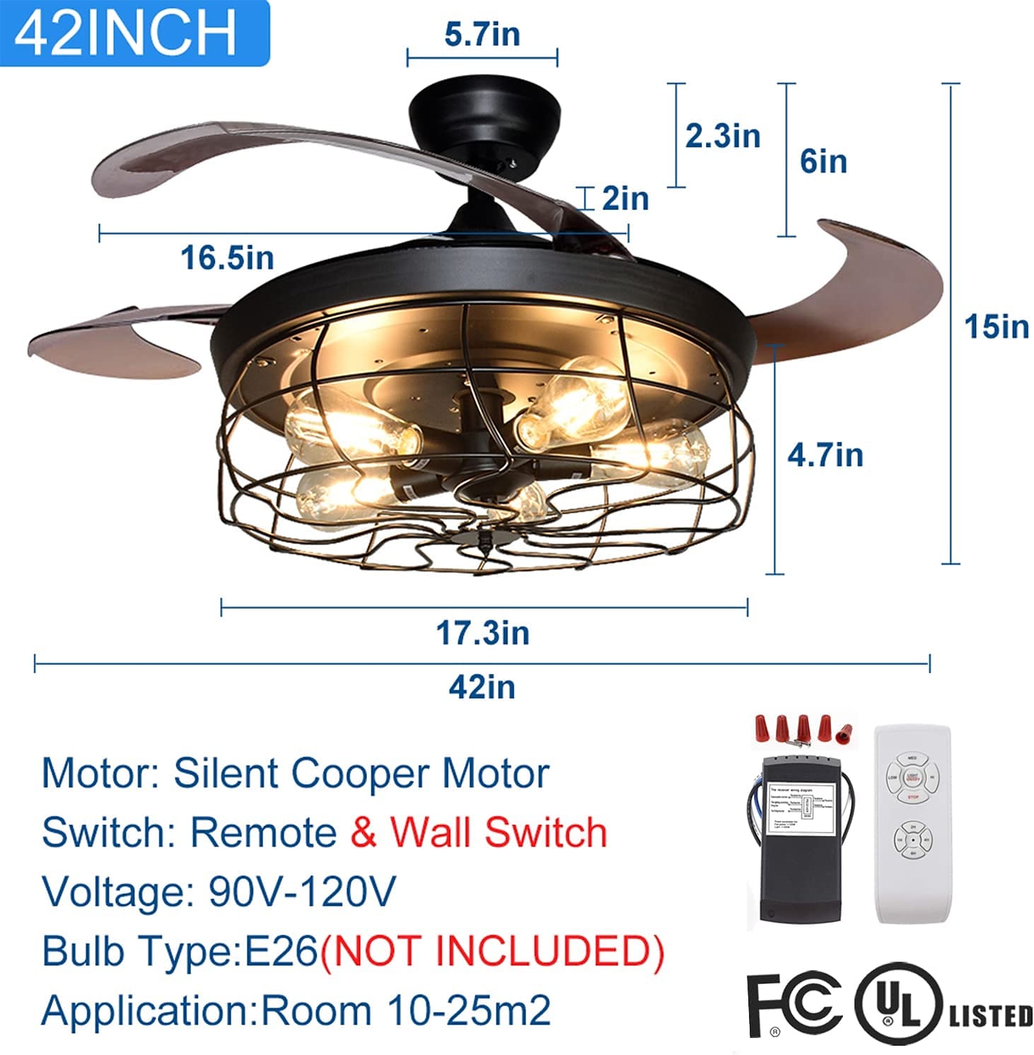 ventilatore da soffitto con luci-ventilatore da soffitto industriale da 42" con pale retrattili, plafoniera a gabbia vintage con controllo a 3/6 velocità con telecomando per cucina, sala da pranzo, soggiorno e26 nero del 2025 a $287.89 –P3