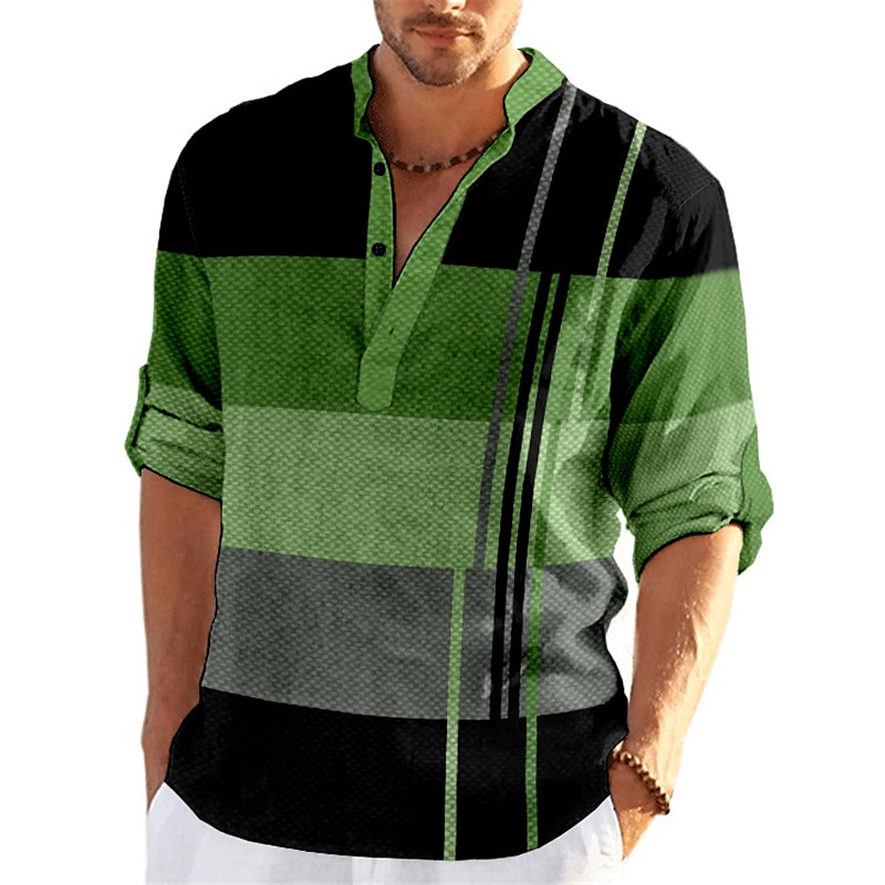 Men's Striped Geometric Pattern Geometry Shirt Button Up Shirt Long Sleeve Fashion Streetwear Designer Casual Going out Summer Spring Fall Stand Collar Print Blue-Green Yellow Black / Purple Red 2025 - $24.99 –P8