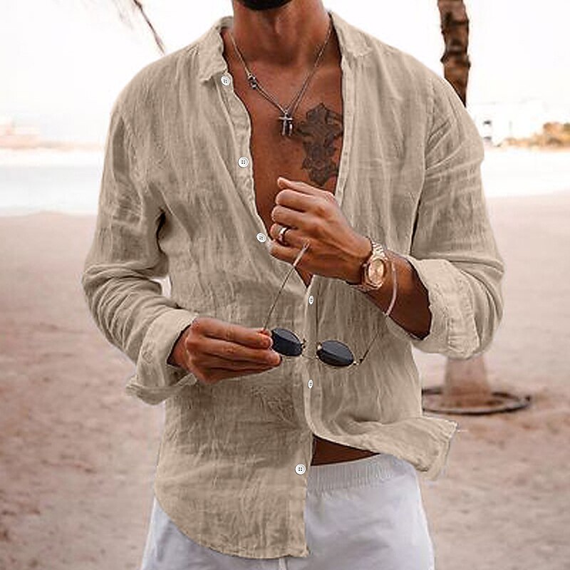 Chemise Homme Décontractée à Manches Longues - Coupe Relax Pour Plage, Vacances Ou Quotidien | Tissu Léger Et Confortable