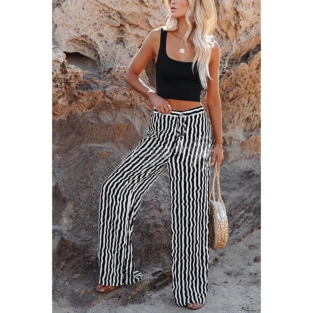 Women's Wide Leg Pants Trousers White Fashion Casual Daily Side Pockets Wide Leg Full Length Comfort Striped S M L XL 2023 - US $26.99 –P3