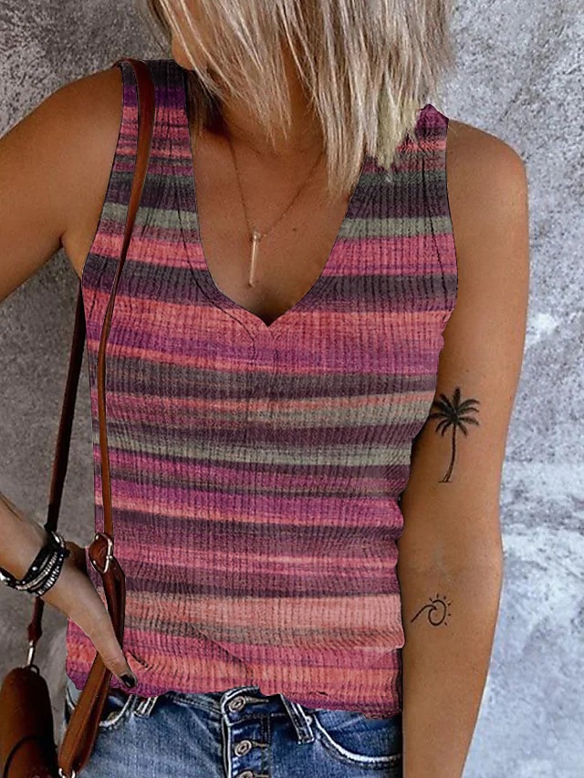 Dame Camisole Tank Top Ute Topper Grunnleggende Stripete Knapper Trykk Uten Ermer Vanlige Topper V-Hals Casual Rosa Blå Lilla Khaki 2025 - $17.99 –P3