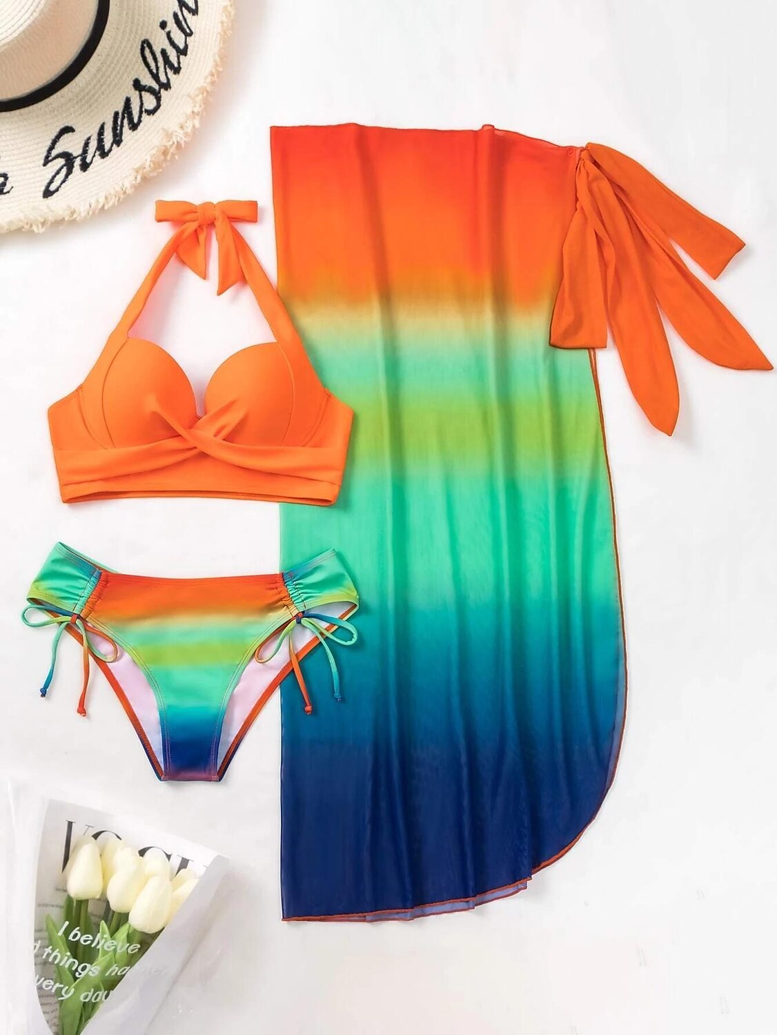 Dam Vanligt Badkläder Bikini Strandbotten Tre delar Kjol Baddräkt 3 st Tryck Standkläder Sommar Gradientfärg Ärmlös Baddräkter 2025 - $41.99 –P5