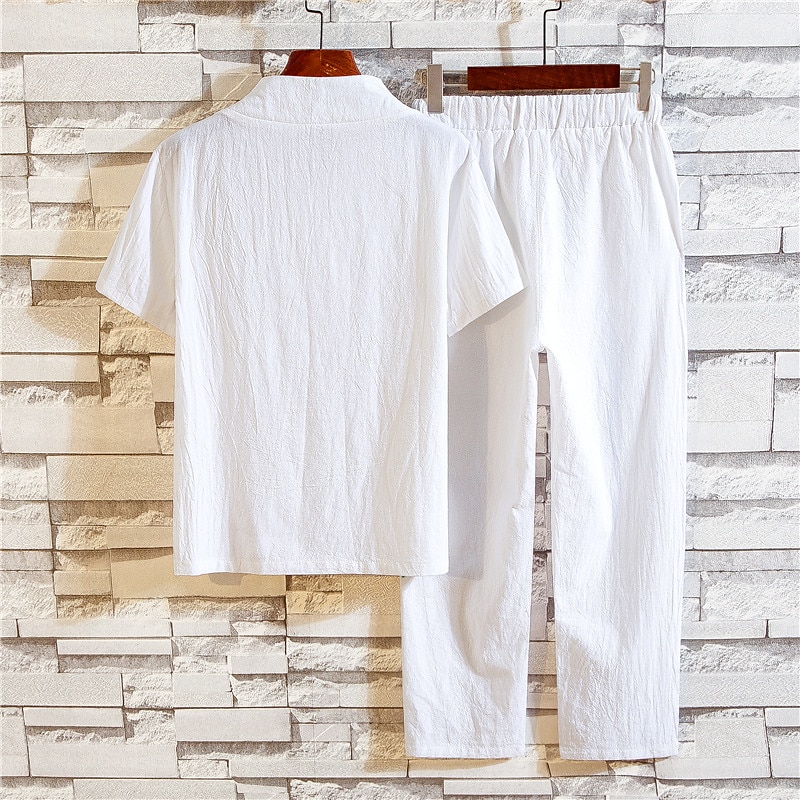 Men's Shirt Cotton Linen Shirt 2 Piece Shirt Set Summer Shirt Beach Shirt Black White Navy Blue Short Sleeve Plain V Neck Summer Casual Daily Clothing Apparel 2024 - $29.99 –P2