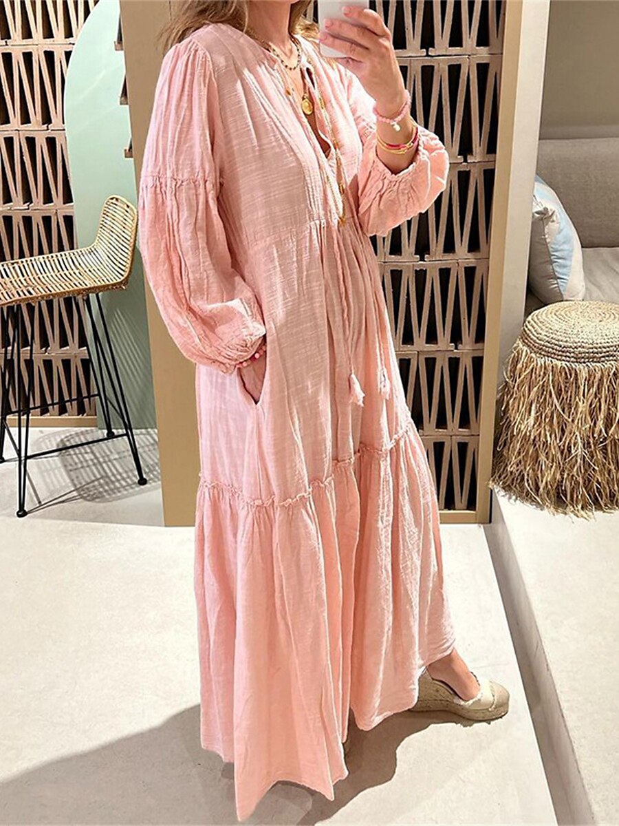 Women's Casual Dress Cotton Linen Dress Swing Dress Maxi long Dress Cotton Blend Basic Casual Outdoor Daily Vacation V Neck Pocket Cut Out Long Sleeve Summer Spring Fall 2023 Regular Fit Pink Plain S 2023 - US $28.99 –P2