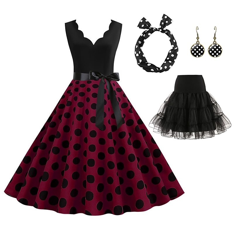Retro Vintage 1950-es évek Grease kosztümök Rockabilly Tüll szoknya Gyűrűs szoknya A-vonalú ruha Tutu Pöttyös Fancy ruha Női Király nap buli  esti álarcosbál Felnőtt ruha Fülbevalók Fejdísz Tavasz 2025 - $16.99 –P12