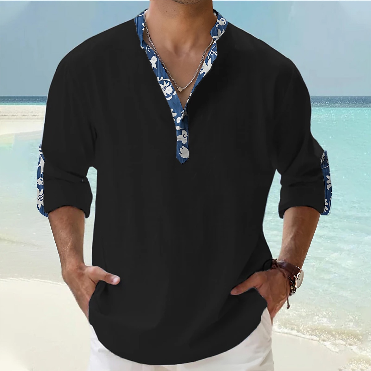 Herr Blommig Tropiska blommor Skjorta Hawaii skjorta Aloha skjorta Långärmad Skjorta Hög krage Mode Streetwear Designer Utomhus Gata Ledigt Svart Vit Rodnande Rosa S M L 2025 - $24.99 –P2