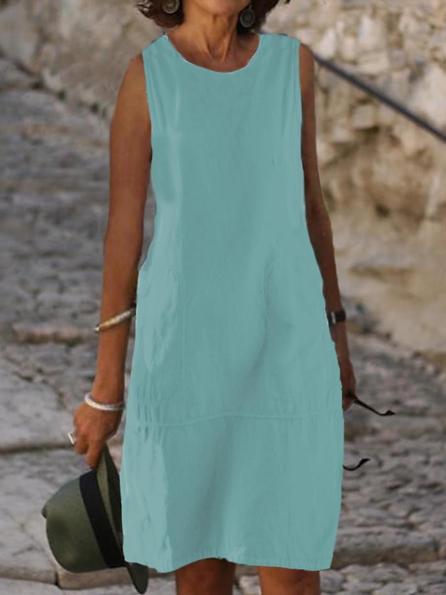 Women's Light Blue Black White Summer Spring Midi Dress White Dress Cotton Linen Dresses Sundress Classic Casual Vacation Daily Loose Fit Plain U Neck 2025 - $32.99 –P7