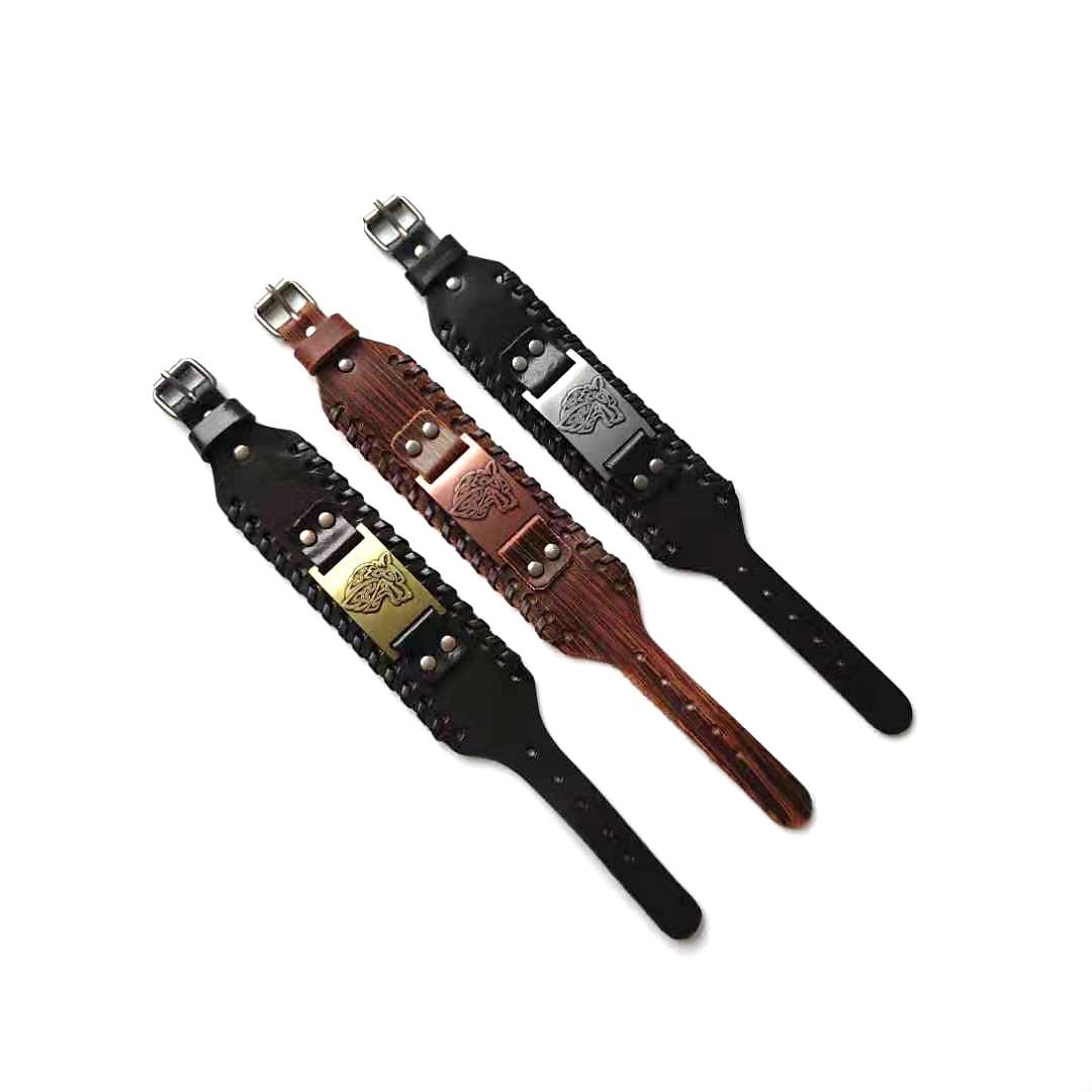 Breites Wikinger-Armband, antikes Silber, Wolfskopf-Muster, Armreif, PU-Manschette, Retro-Vintage-Mittelalter, für Männer und Frauen 2025 - $13.49 –P6