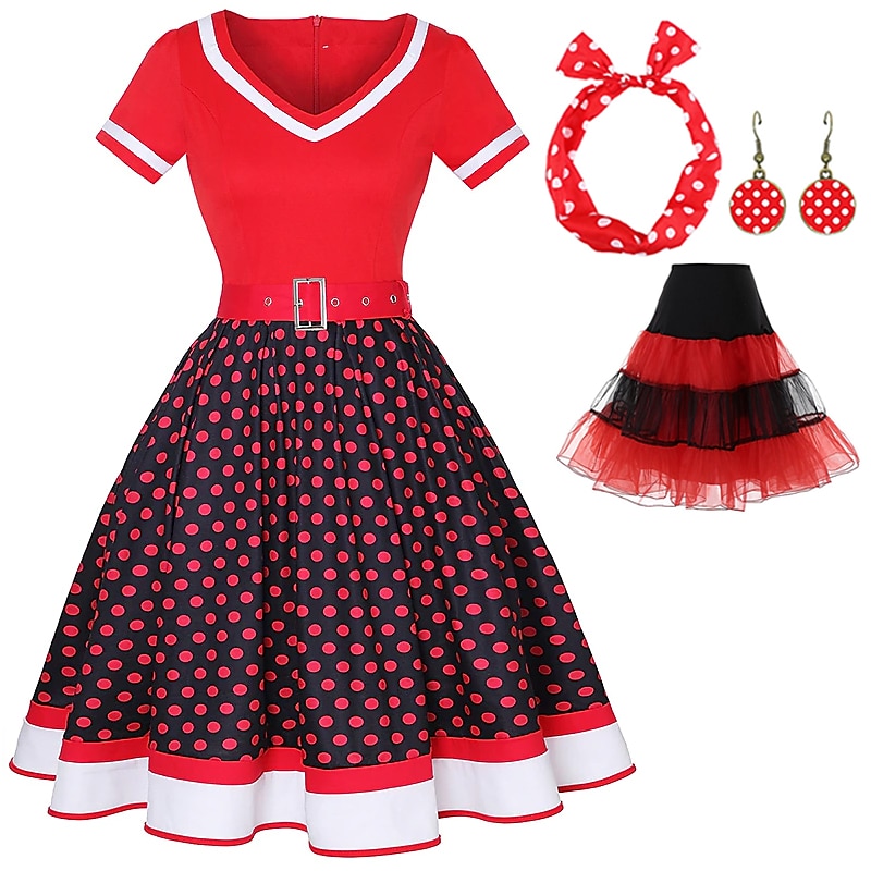 Retro Vintage 1950er Jahre Grease Outfits Rockabilly Petticoat Hoops Rock A-Linien Kleid Tutu Polka Dot Schickes Kleid Damen Party  Abend Maskerade Erwachsenen Kleid Ohrringe Kopfschmuck Frühling  2026 - $51.99 –P9